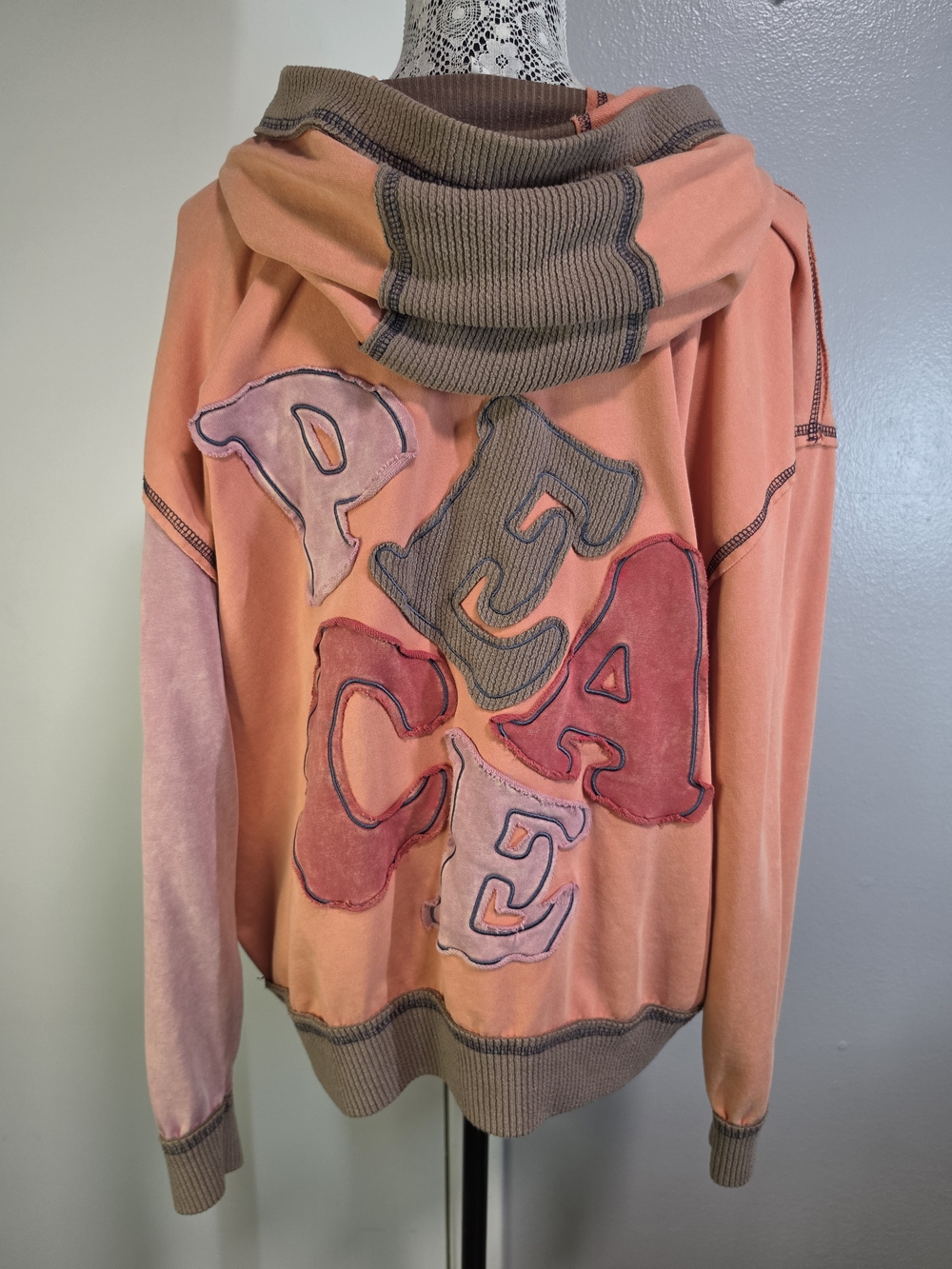 Easel PEACE Patchwork Cowl Neck Sweatshirt Small Oversized Boho Colorblock